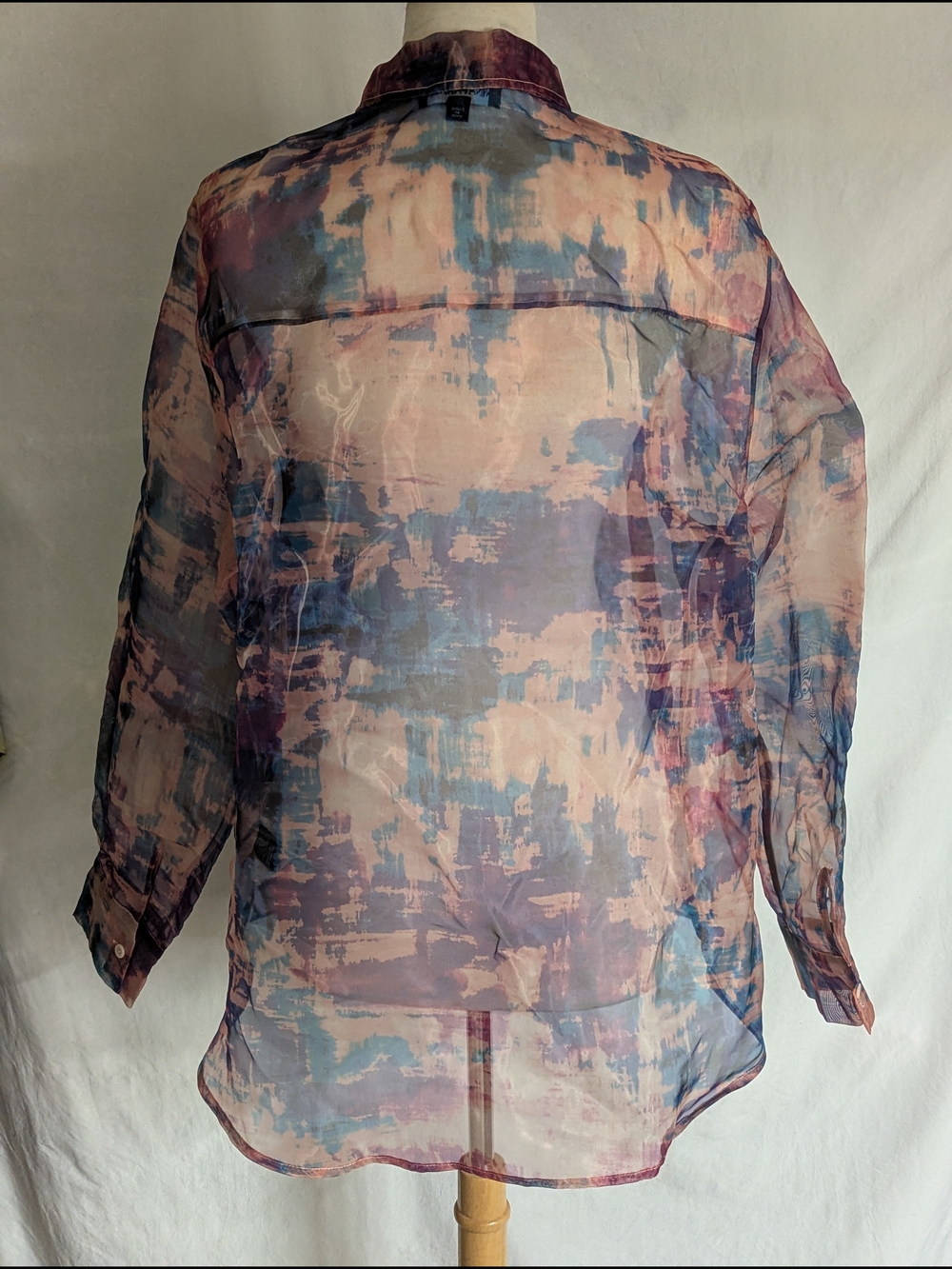 Nina Parker Trendy Organza Sheer Abstract Blouse in Blue & Pink 1X - Picture 2 of 7